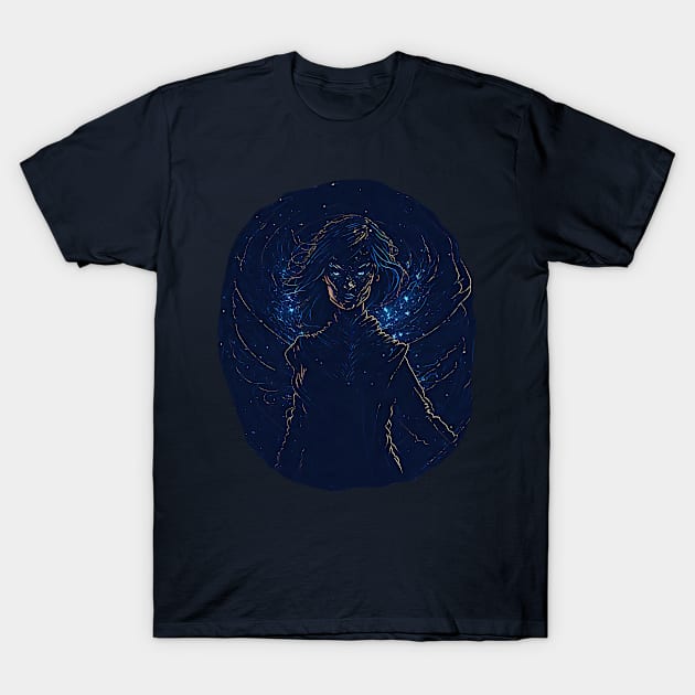 Powerful Dark Dark Woman. Wings. Blue Stars. Cosmic Wind. T-Shirt by funfun